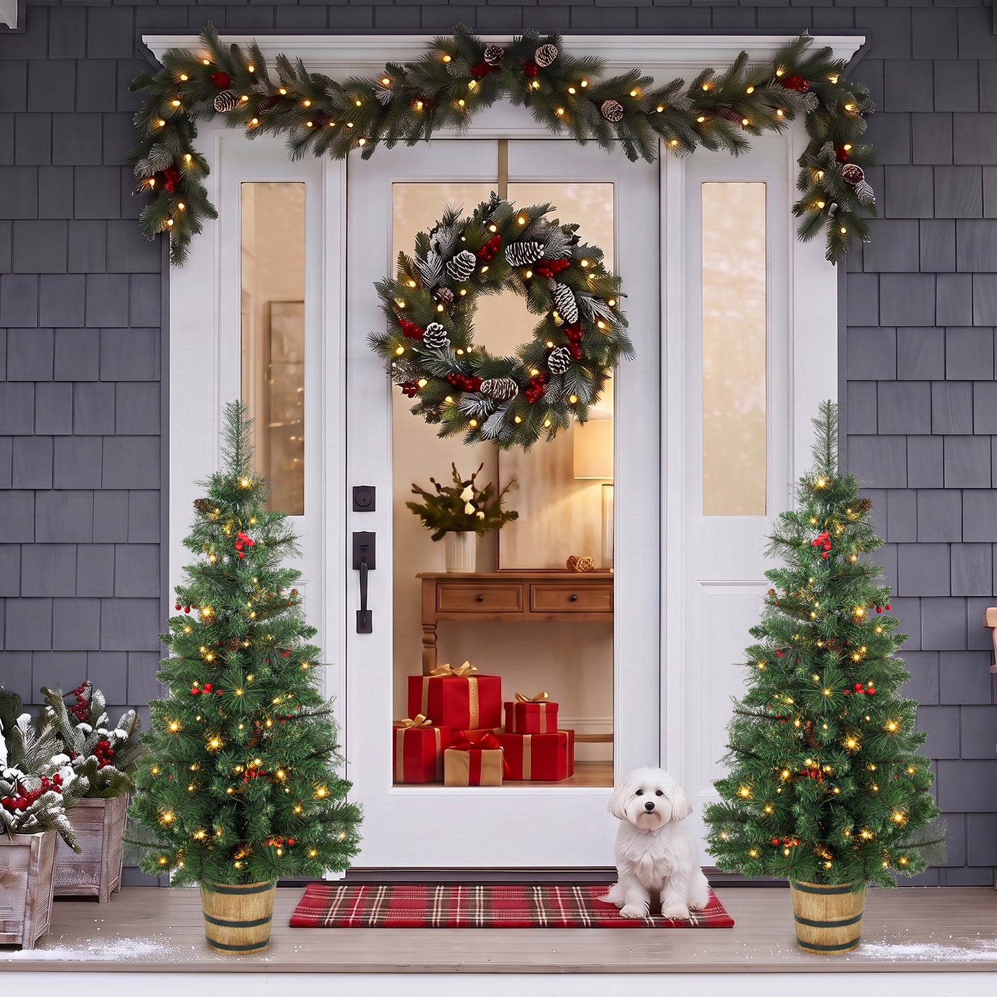 HOMCOM 2 PCs Prelit Christmas Trees with Dual-Colour LEDs, Berry, Pinecones, Battery-Operated, 11 Modes, Pot, Remote, 4ft