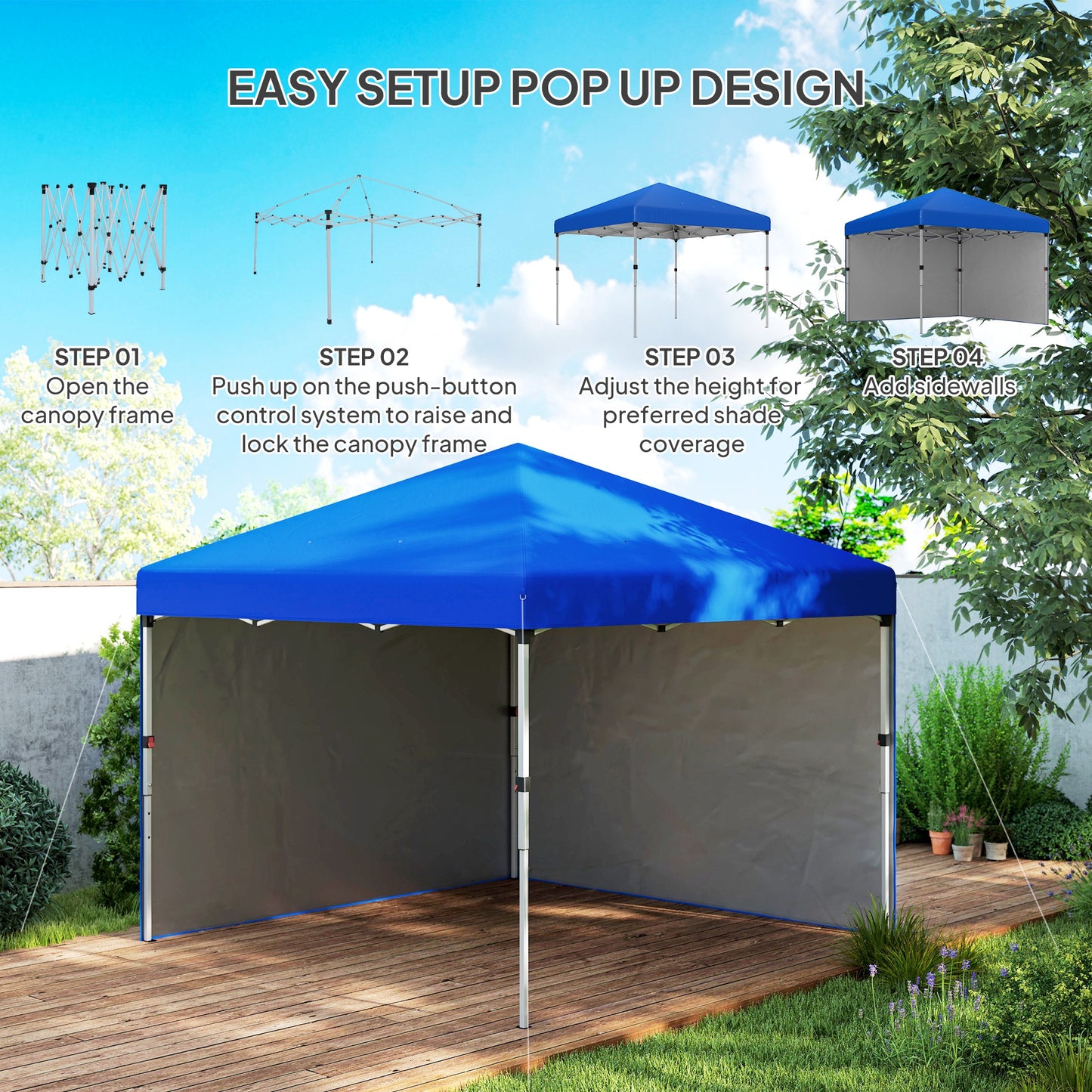 Outsunny Pop Up Gazebo 3x3m, UPF 30+, 2 Sidewalls, Leg Bags & Wheeled Bag, Height Adjustable Party Tent for Garden/Patio, Blue