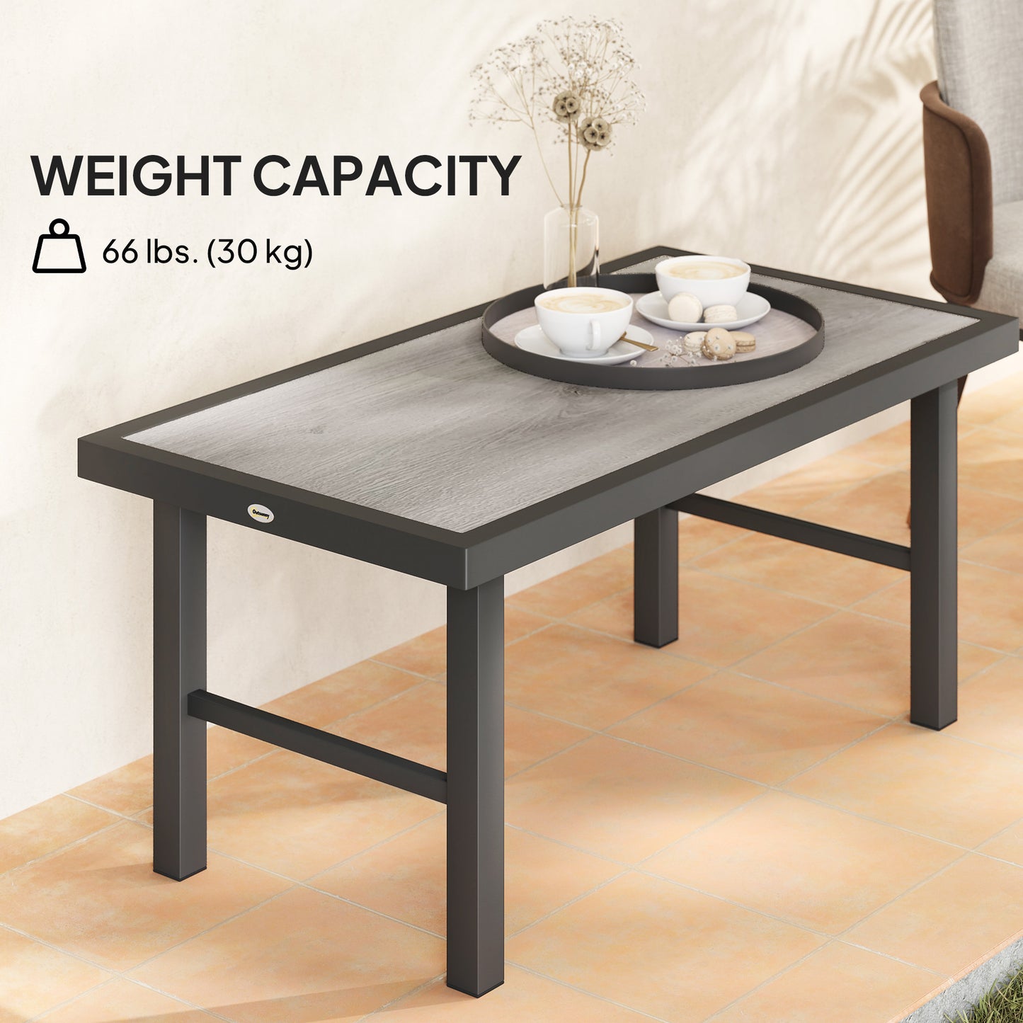 Outsunny Metal Garden Coffee Table, Outdoor Side Table with SPC Woodgrain Tabletop, 100 x 53 x 46cm, Grey Wood Effect