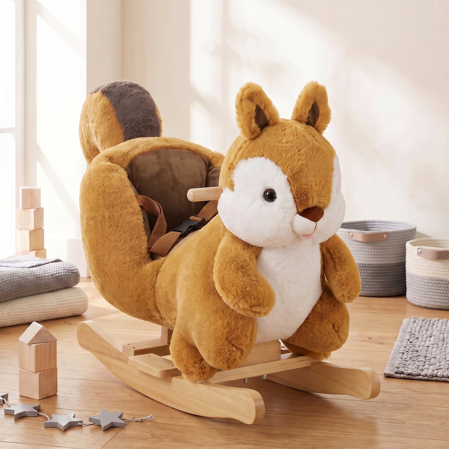 AIYAPLAY Rocking Horse, Stable Plush Ride on Horse Squirrel Design with Animal Sounds, Security Belt for Toddlers 1-3 Y, Brown