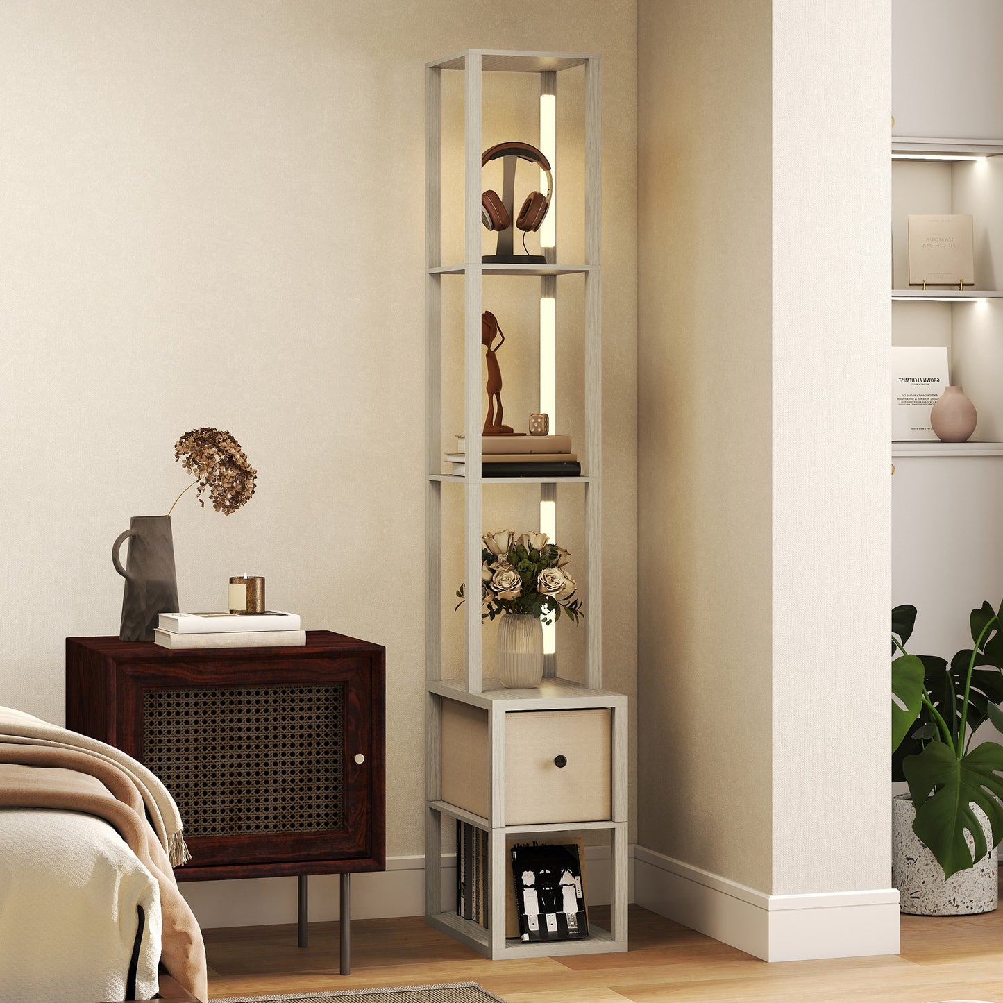 HOMCOM Floor Lamp with Shelves, LED Column Modern Standing Lamp, Adjustable Brightness, Foot Switch, Fabric Drawer, Oak