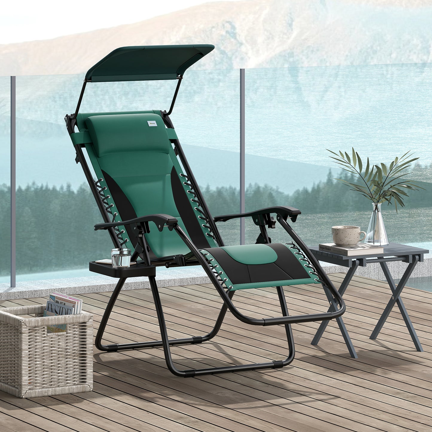 Outsunny Zero Gravity Lounger Chair, Folding Reclining Patio Chair with Shade Cover, Cup Holder, Soft Cushion and Headrest for Poolside, Camping, Green