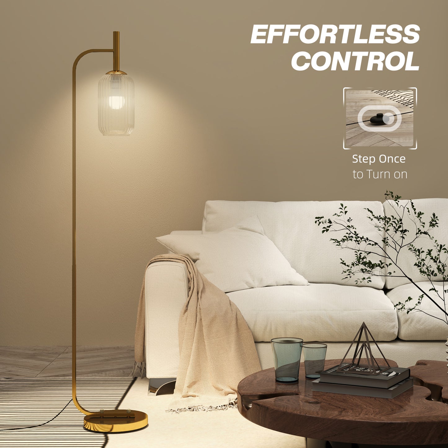 HOMCOM LED Floor Lamp with Glass Shade, Modern Standing Lamp with Foot Switch, Adjustable Brightness 2700K for Bedroom, Gold Tone