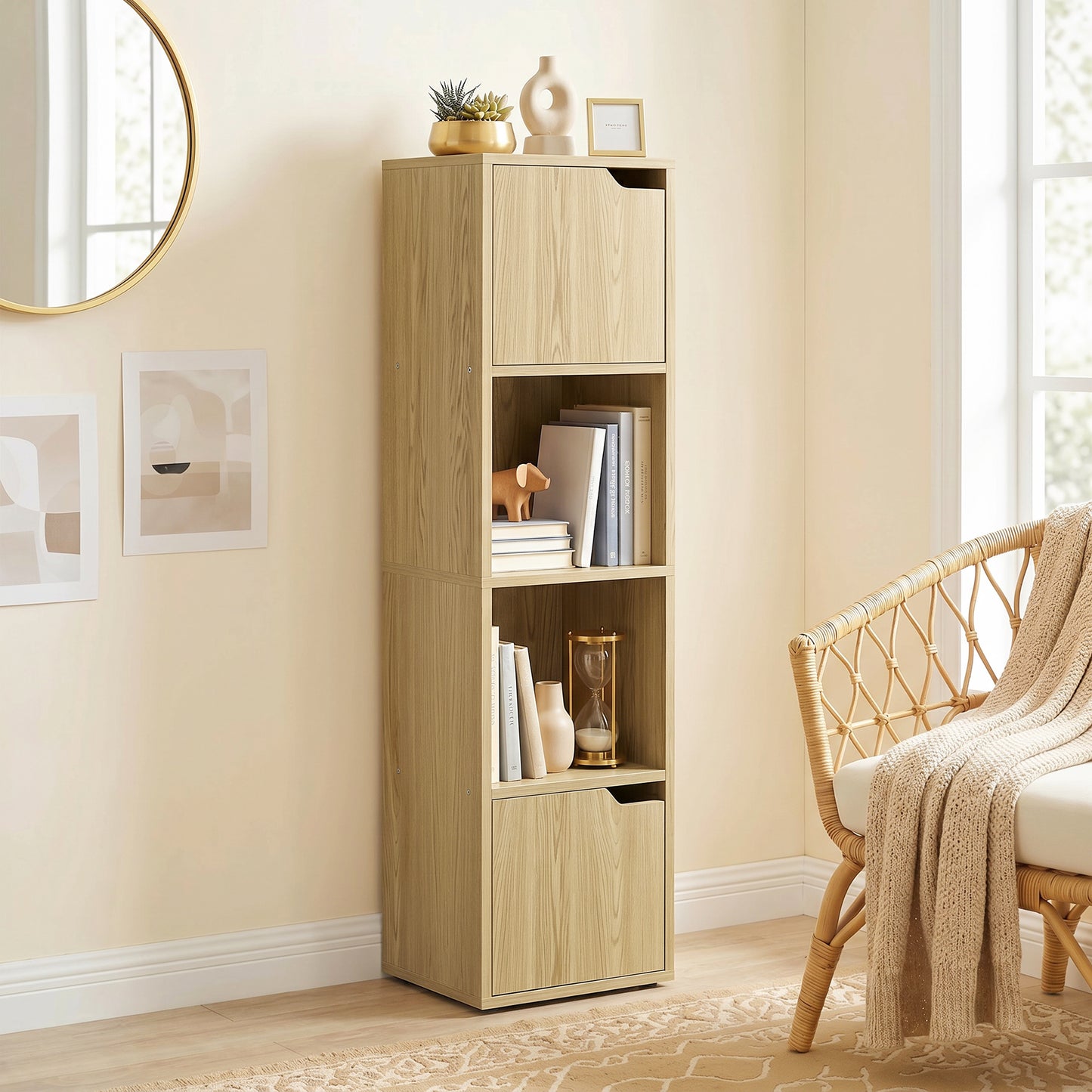 HOMCOM Narrow Bookcase, 4-Tier Bookshelf, Storage Cabinet with doors for Living Room, Bedroom, Oak