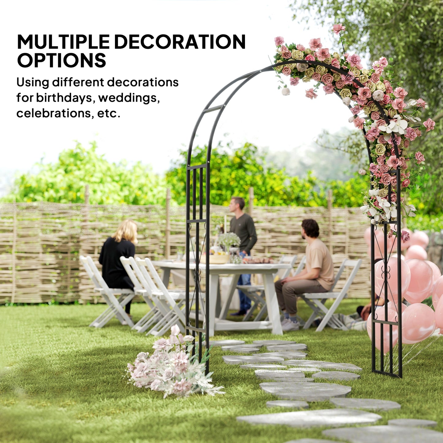 Outsunny Steel Garden Arch, Metal Trellis for Climbing Plants & Outdoor Wedding Decoration, 2.2m x 1.5m, Black