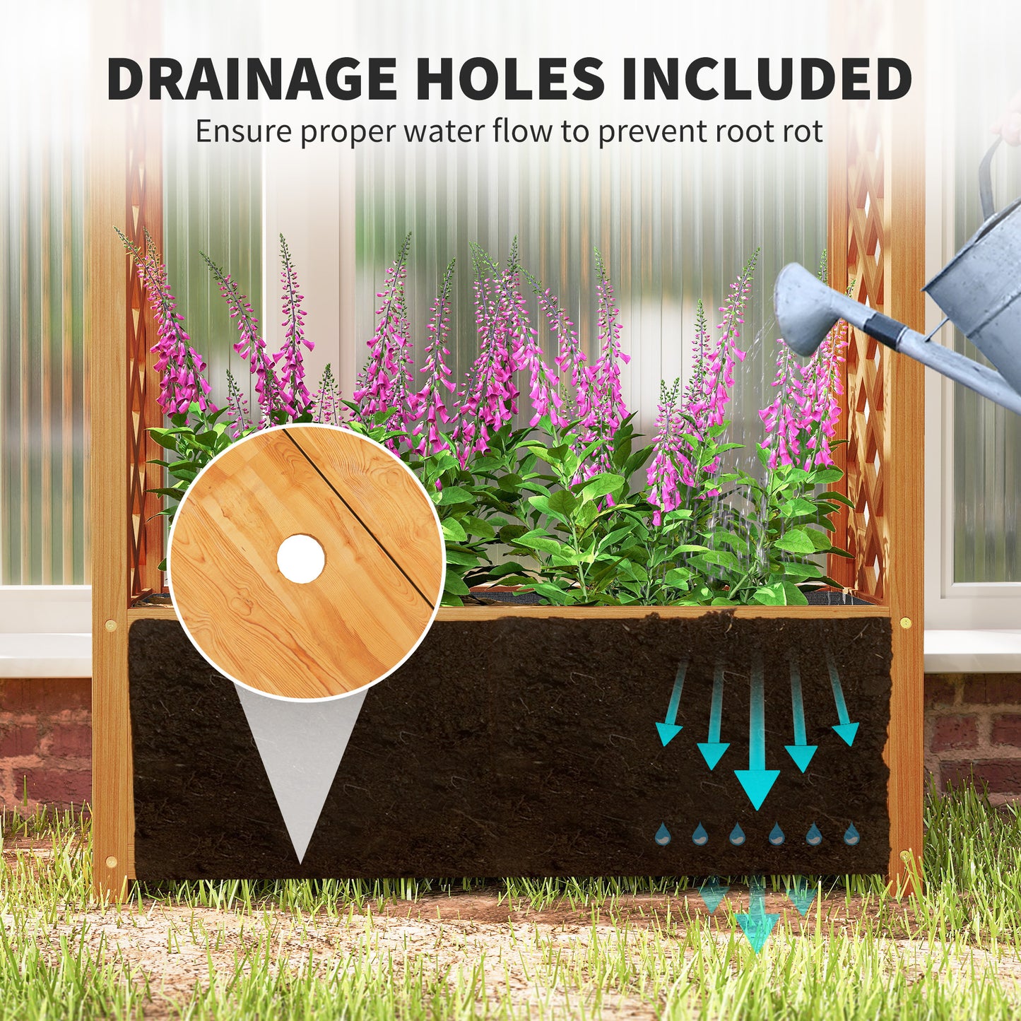 Outsunny Wooden Raised Garden Bed with Trellis, Liner, Drainage Holes, for Vine Climbing Plants, Flowers, 83 x 36 x 145 cm