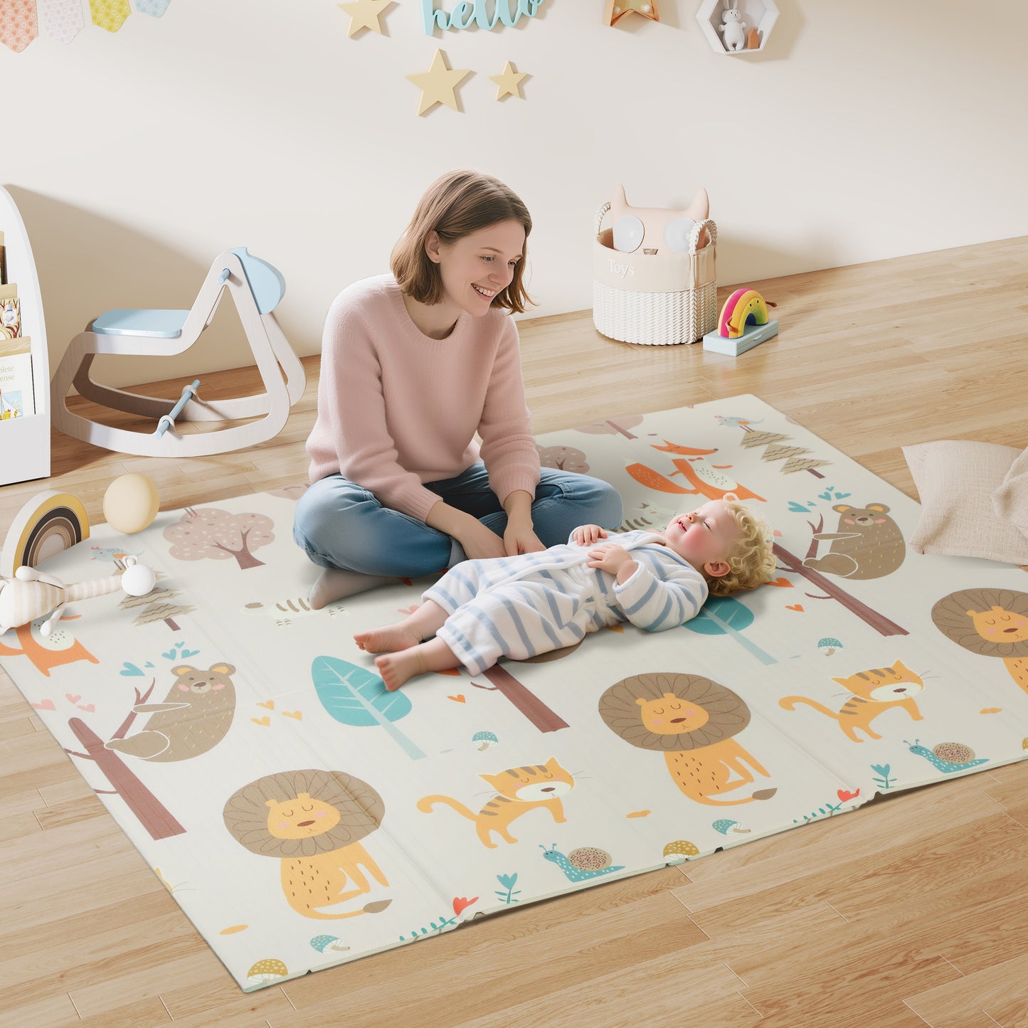 AIYAPLAY Baby Play Mat, Double Sideded Foldable Kids Crawling Mat, Reversible & Waterproof, Animal