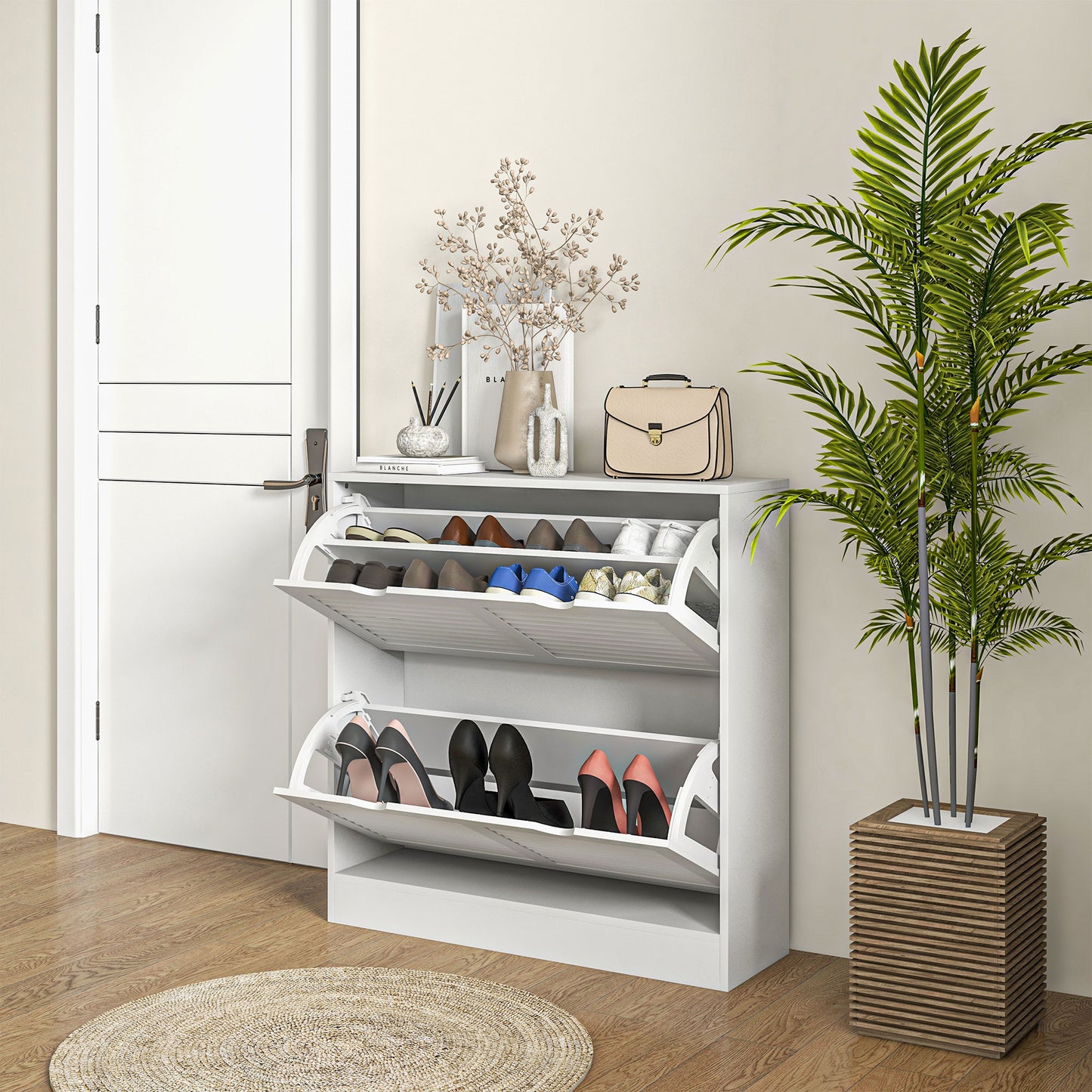 HOMCOM Entryway Shoe Cabinet, 2 Flip Drawers, Louvred Door, Adjustable Shelves for 16 Pairs, 2 Drawers, White