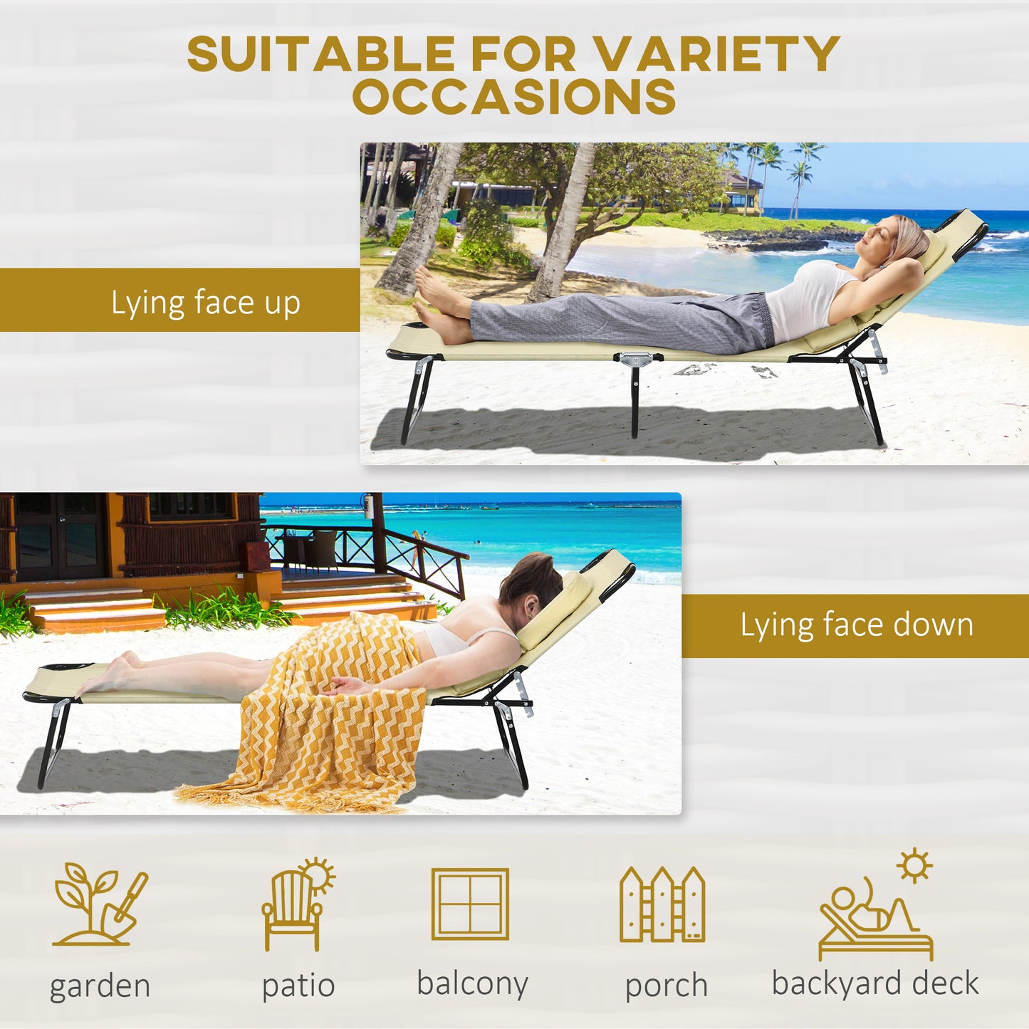 Outsunny Foldable Sun Lounger Set with Pillow Adjustable Backrest - Beige