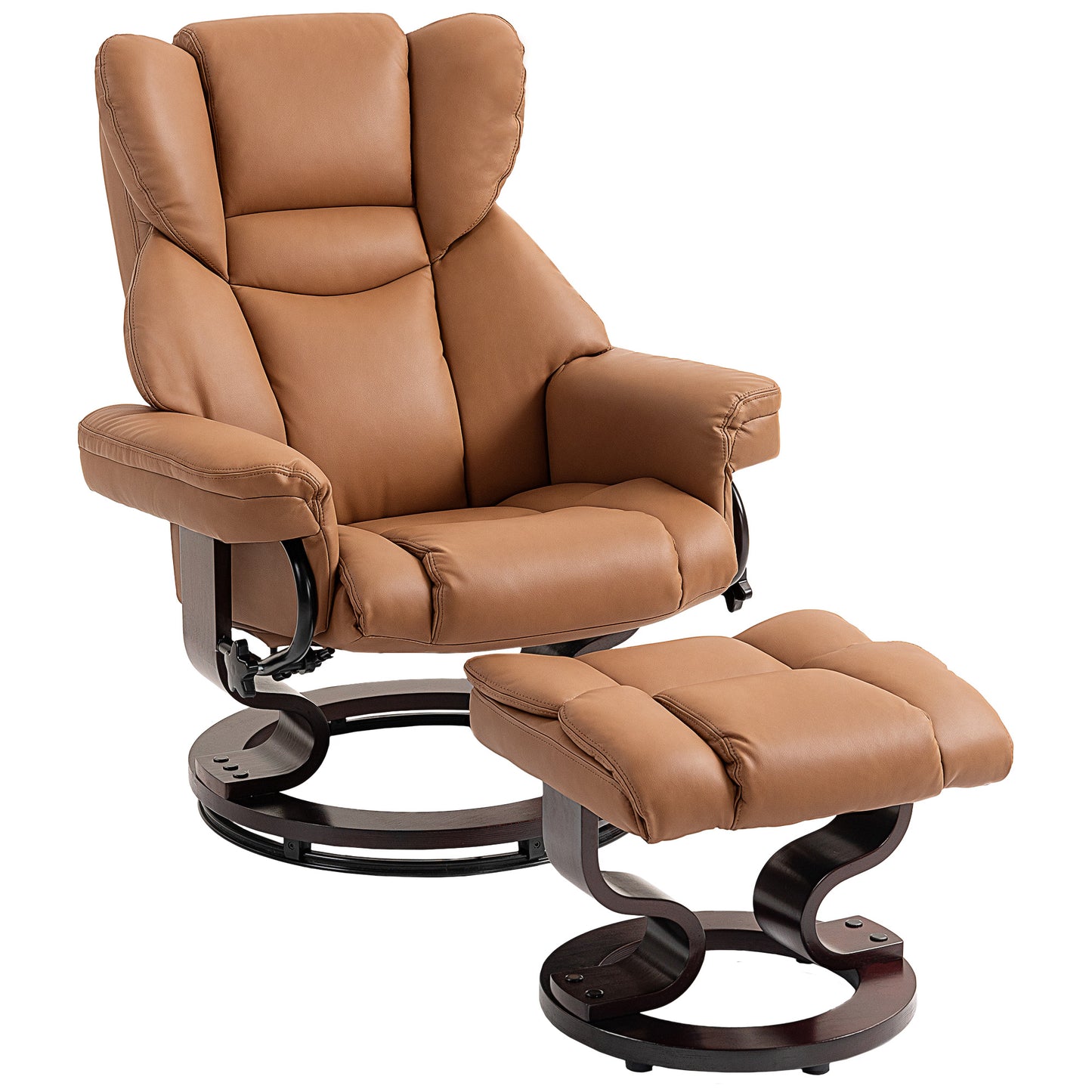 HOMCOM 360° Swivel Recliner Chair with Footstool, PU Leather Manual Recliner, Solid Wood Base, Upholstered for Living Room, Bedroom, Office, Brown