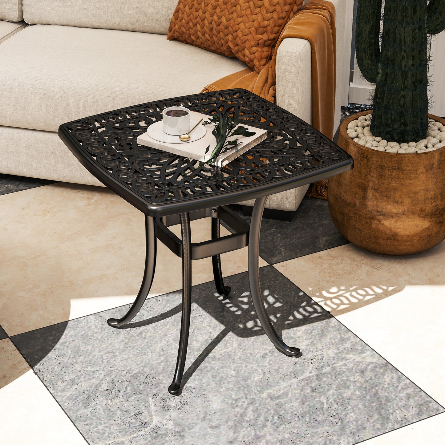 Outsunny Cast Aluminium Garden Table, 38mm Umbrella Hole, Anti-slip Feet, 54 x 54cm, Black