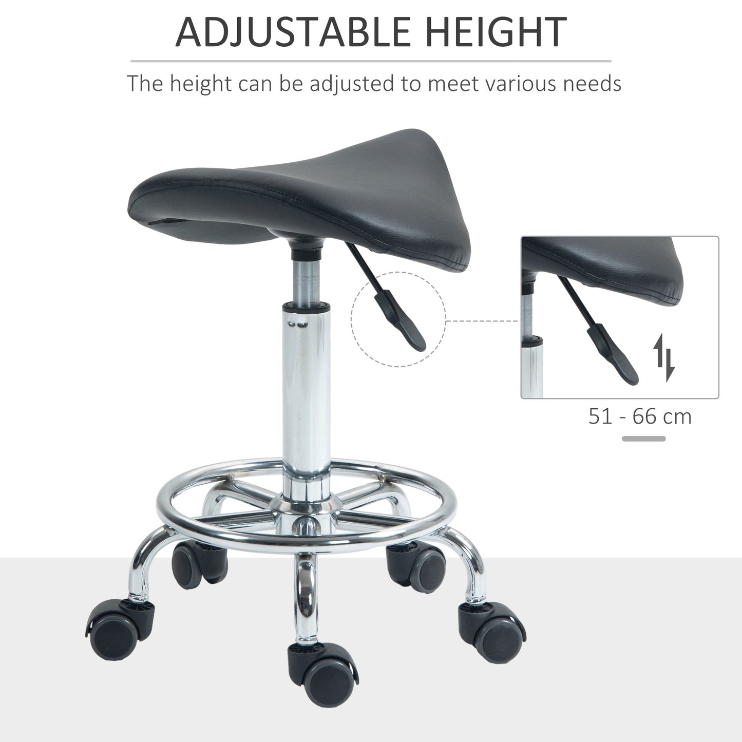 HOMCOM Salon Saddle Stool Rolling Saddle Chair for Massage Spa Clinic Beauty Hairdressing and Tattoo Black