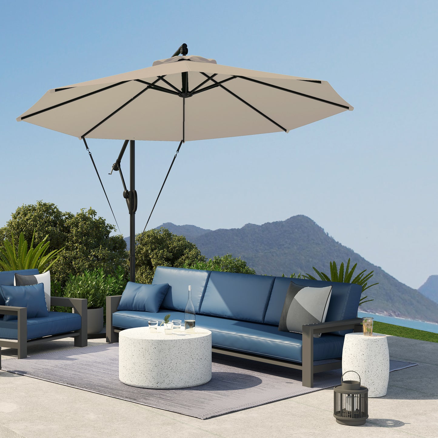 Outsunny Garden Cantilever Parasol with Cover & Strap, Round Umbrella with Crank & Tilt, UPF50+ Banana Patio Shade, Khaki