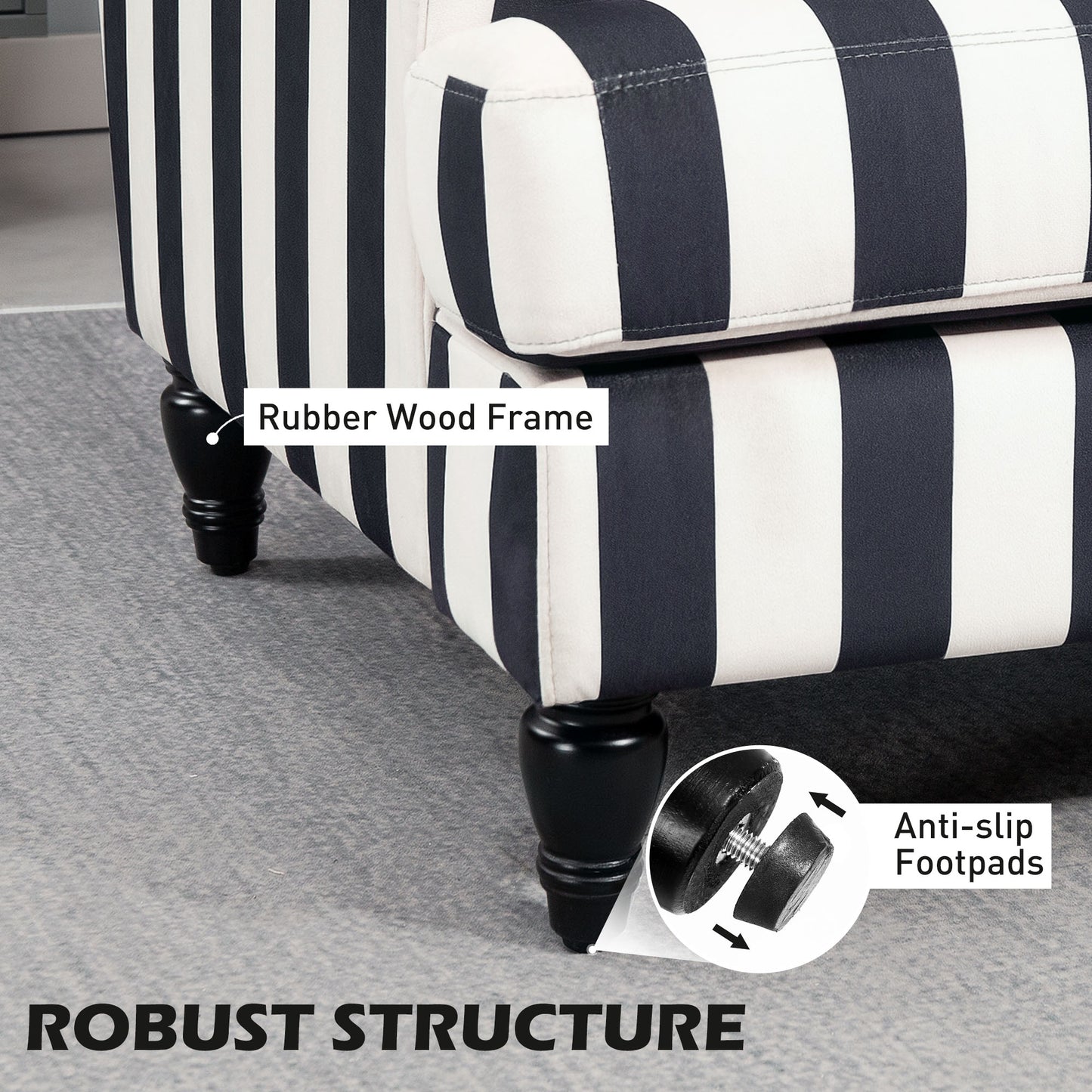 HOMCOM Modern Cuddle Chair, Velvet Single Sofa Armchair with Stripe, Turned Legs, Wide Seat, Upholstered Snuggle Chair, Black and White