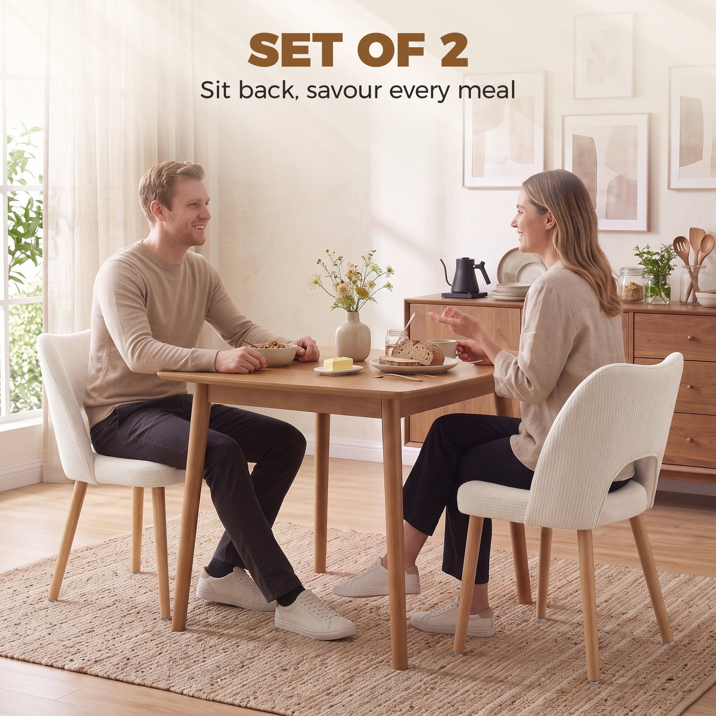 HOMCOM Dining Chairs Set Upholstered Kitchen Chenille Tool Free Assembly Rubberwood Legs, Beige