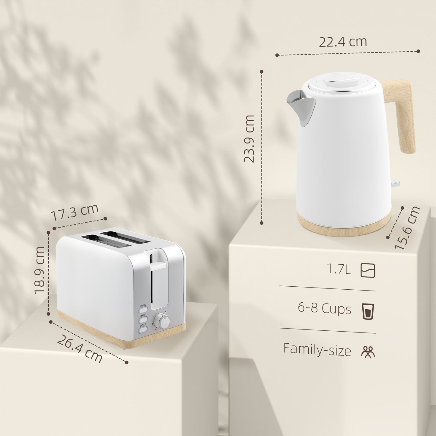 HOMCOM Kettle and Toaster Set, 1.7L 3000W Kettle & 2 Slice Toaster, 7 Levels, Defrost, Reheat, Auto Off, White