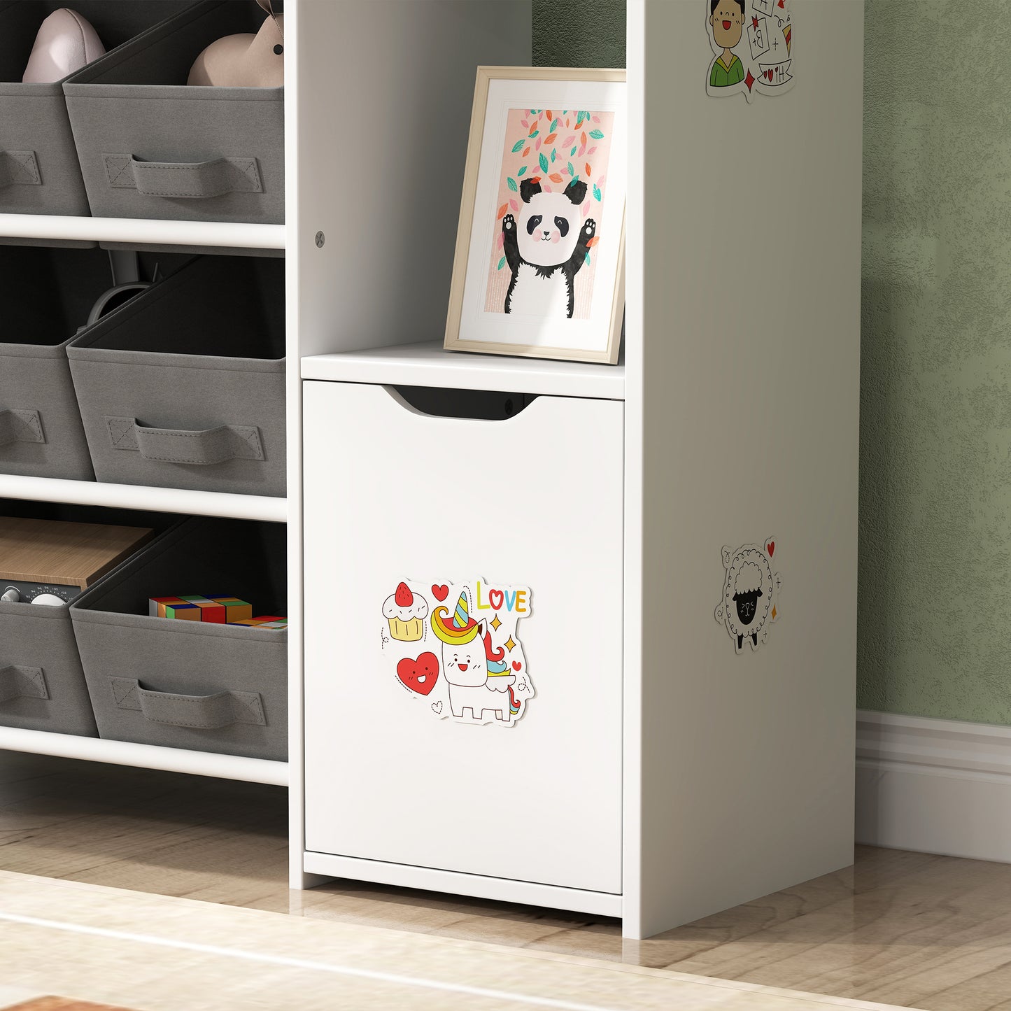 AIYAPLAY Kids Toy Storage, 9 Removable Fabric Bins, Wooden Toy Storage Units for Toys and Books for Bedroom, Nursery, White