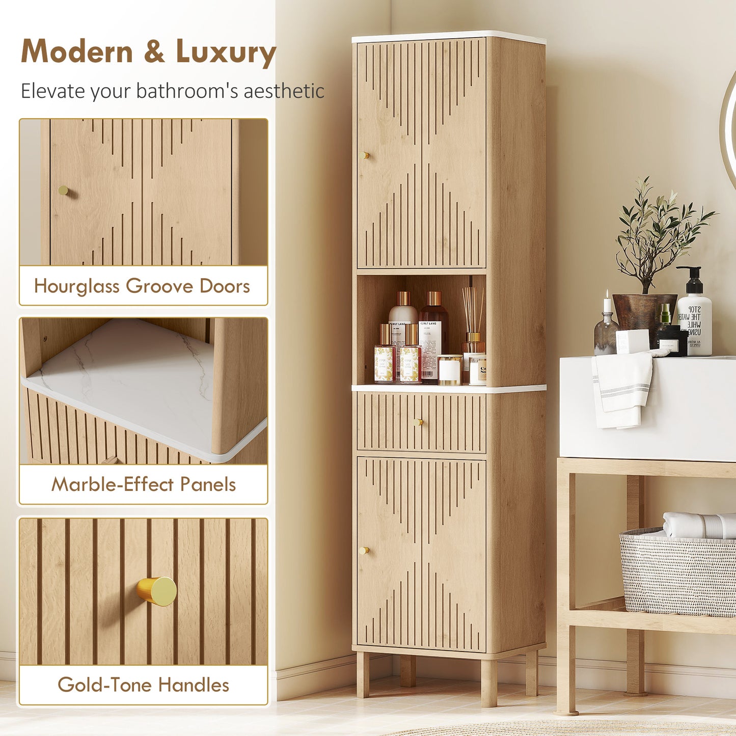 HOMCOM Multi-Storage Groove Door Bathroom Cabinet - Oak