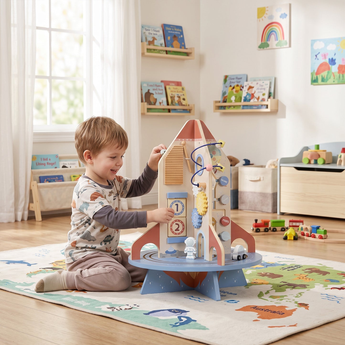 AIYAPLAY Wooden Activity Cube, Rocket Theme Educational Toys with Shape Sorter & Bead Maze for Toddlers 24M-6Y Fine Motor Skill
