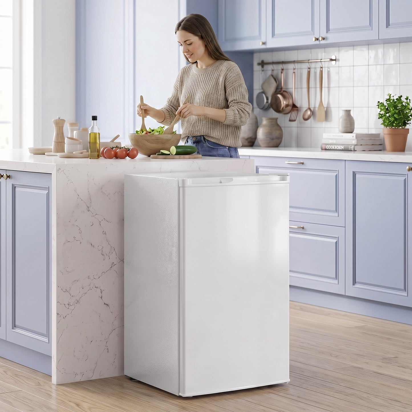 HOMCOM 85L Mini Freezer Countertop, Compact Freestanding Upright Freezer with Reversible Door, Removable Glass Shelves, White