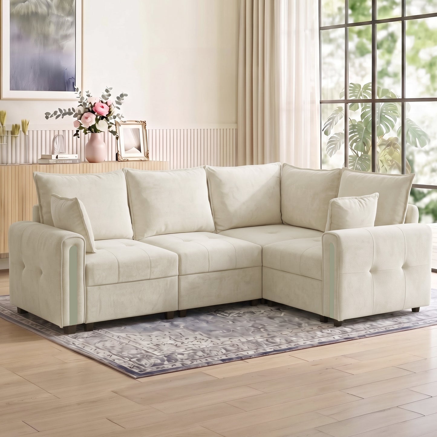 HOMCOM 228cm L Shaped Sofa with Lift-Up Storage, 3-Seater Sectional Sofa with Wide Deep Seat, Beige