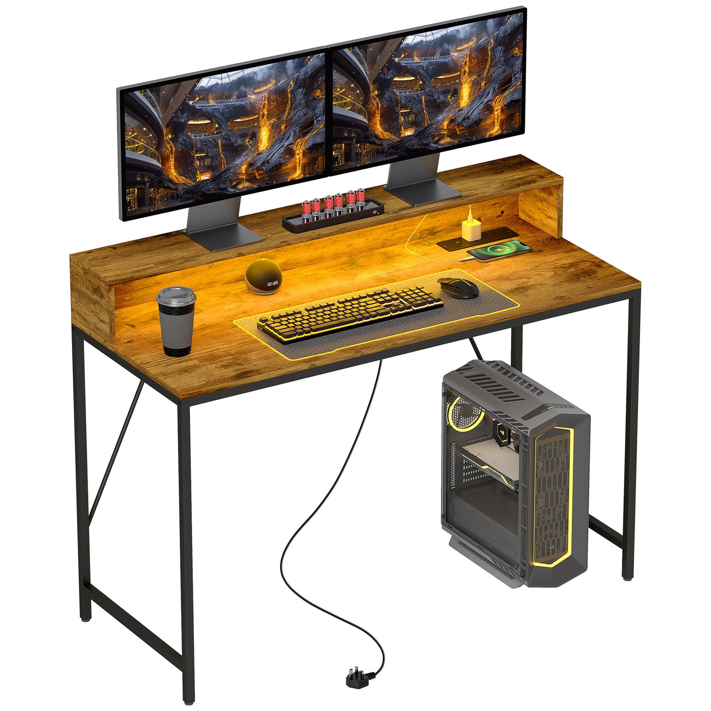 HOMCOM Computer Desk with LED, Power Outlets, Monitor Stand, Remote; for Home Office, Study; 120cm, Rustic Brown