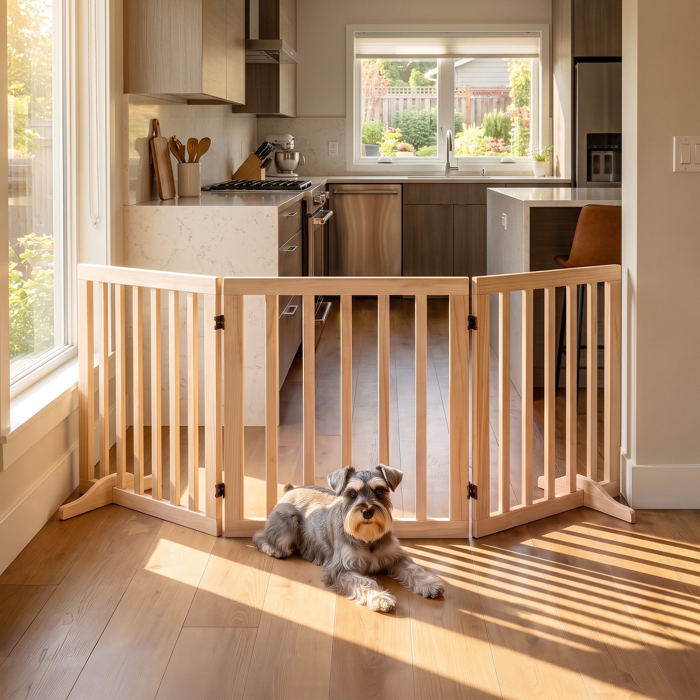 PawHut Wooden Dog Gate, 3-Panel Freestanding Pet Gates Indoor with 2 Support Feet and 360° Flexible Hinges, Natural