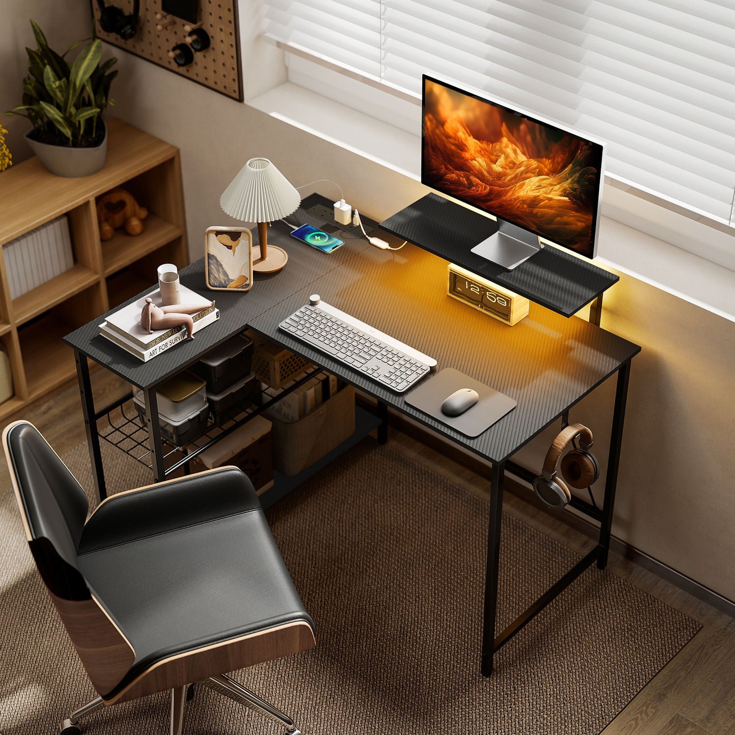 HOMCOM 114.5 cm L-Shaped Gaming Desk, Computer Desk with LED Lights, Power Station and Adjustable Mesh Shelf , Black