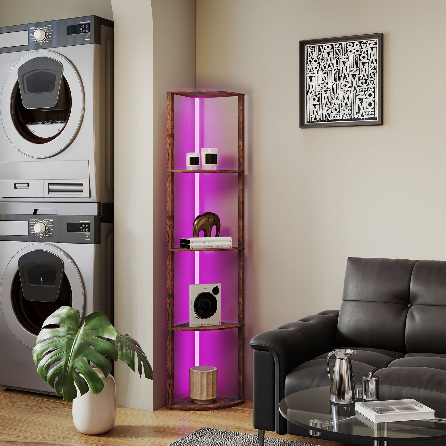 HOMCOM RGB LED Floor Lamp with Shelves, 5-Tier Dimmable, Remote Control, Corner Display for Living Room/Bedroom/Office, Rustic Brown