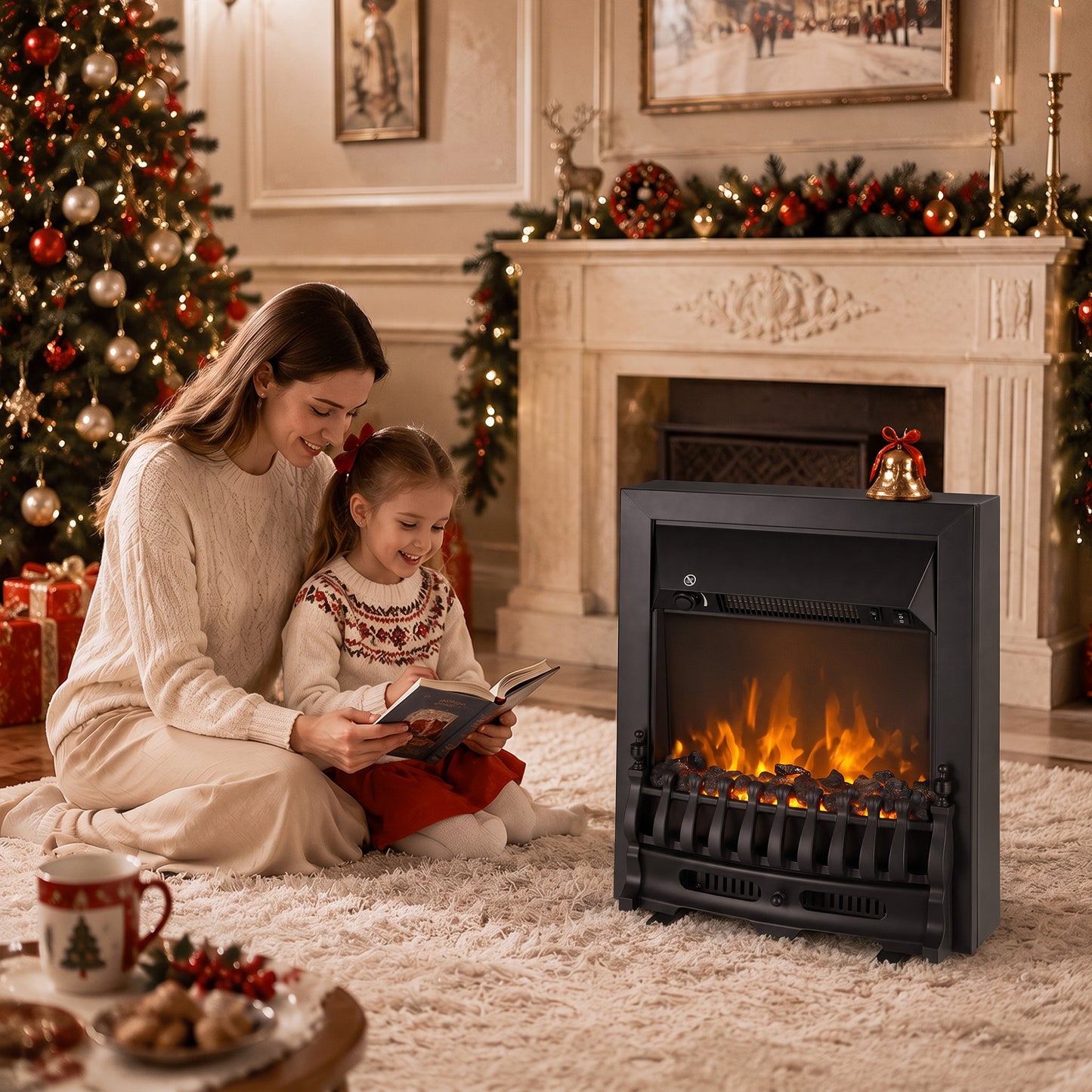 HOMCOM Electric Fireplace Stove Freestanding/ Inset, 1000W/2000W, Electric Fire Heater with LED Flame Effect, Coal Logs, Black