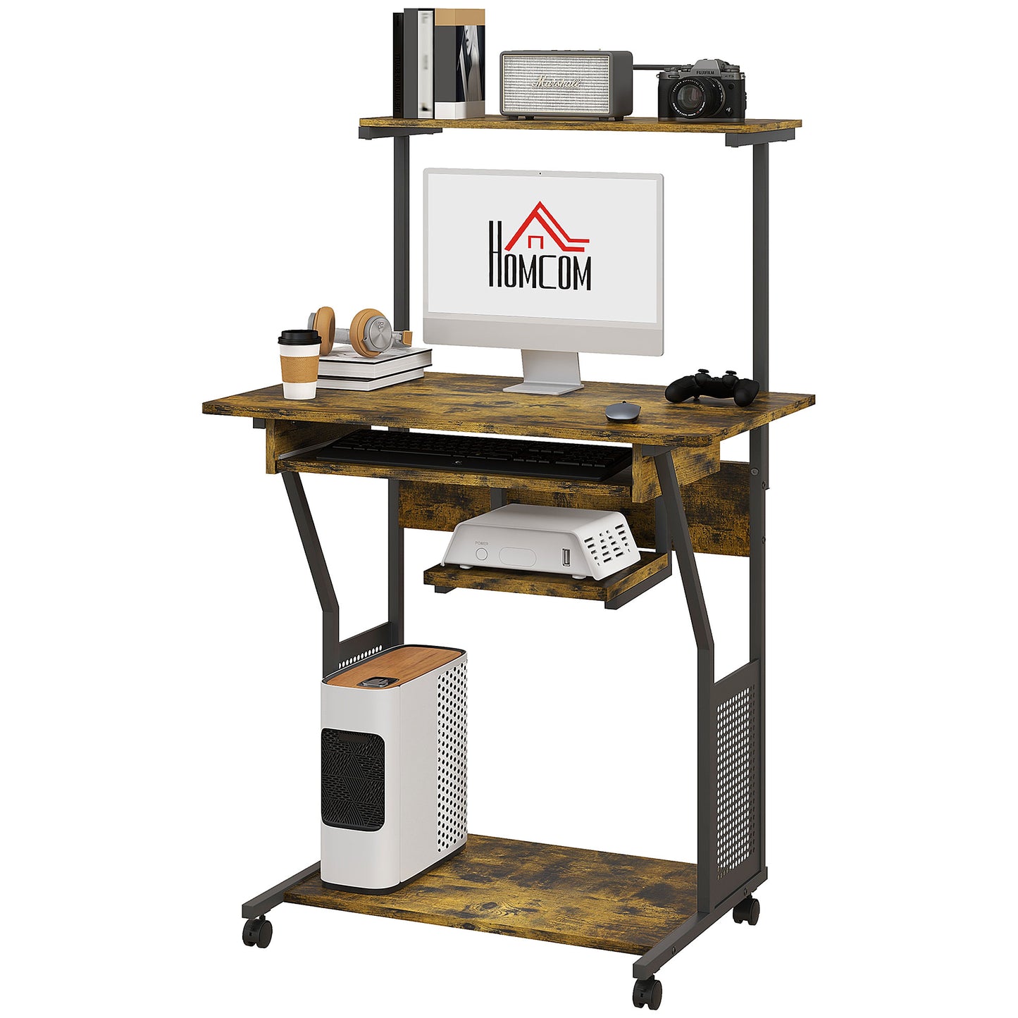 HOMCOM Rolling Computer Desk with Keyboard Tray - Rustic Brown