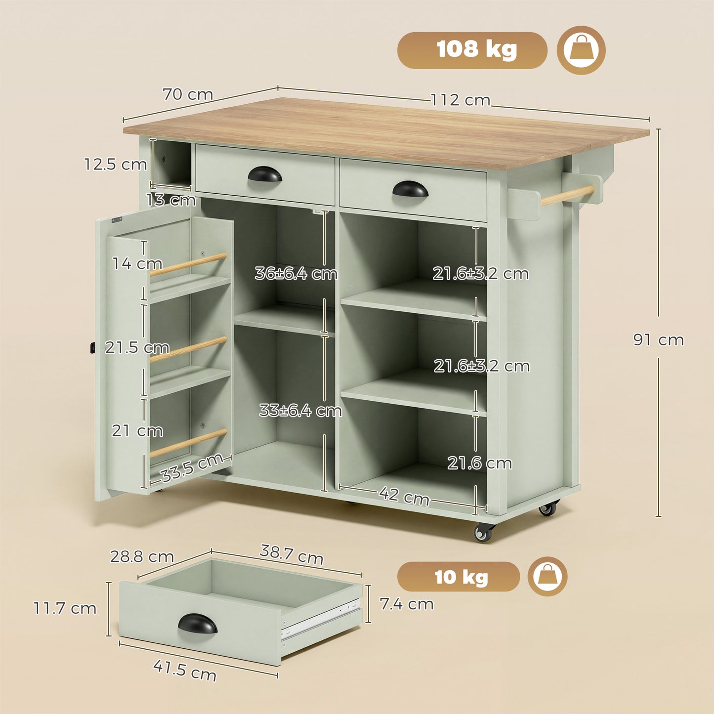 HOMCOM Kitchen Island with Drop Leaf Tabletop Kitchen Island on Wheels Storage Cabinet Shelf Trolley Light Green