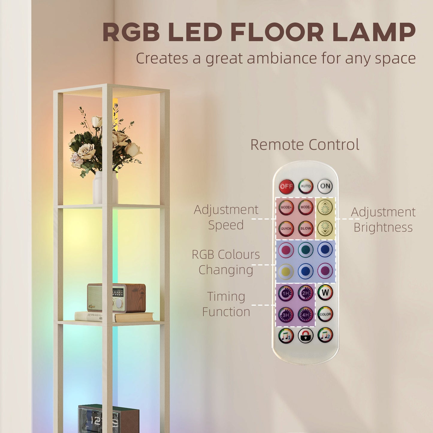 HOMCOM RGB LED Floor Lamp with Shelves, Modern Dimmable Standing Lamp, Remote Control, Adjustable Brightness & Speed for Living Room, Oak