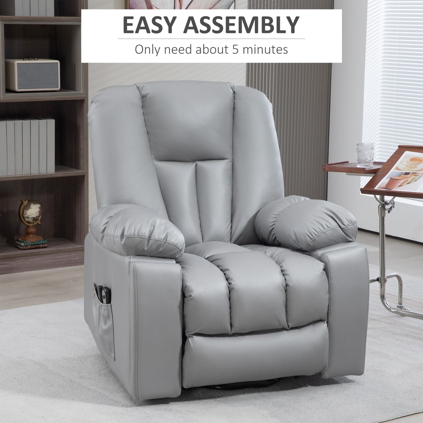 HOMCOM Lift Chair Quick Assembly Riser and Recliner Chair with Vibration Massage Heat Charcoal Grey