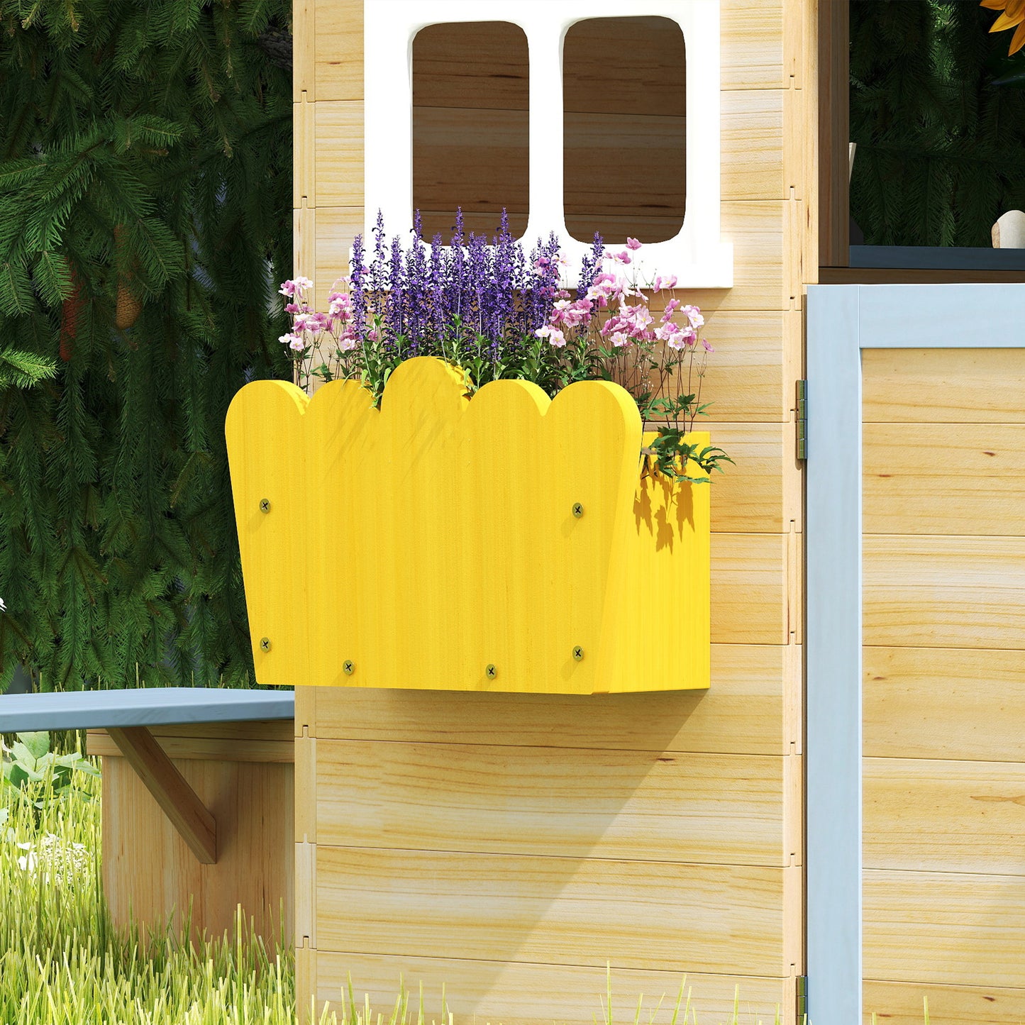 Outsunny Wooden Playhouse, Wendy House w/ Door, Bench, Flowerpot Holder, For Ages 3-7 Years, Blue