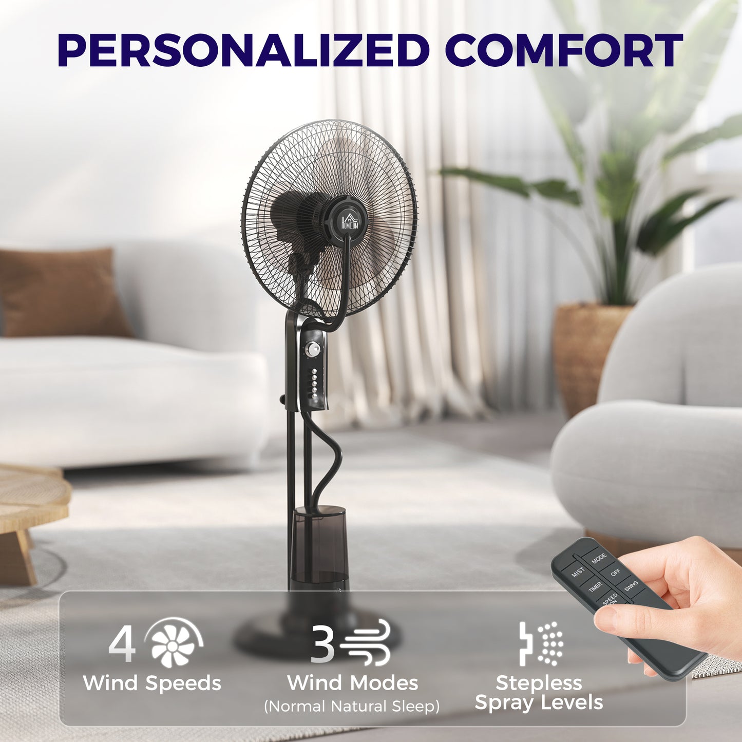 HOMCOM Pedestal Fan with Water Mist Spray, 70° Oscillation, Tilt Head, 4 Speeds, 3 Modes, Adjustable Mist, 3.2L Water Tank, 120 cm, Home, Black