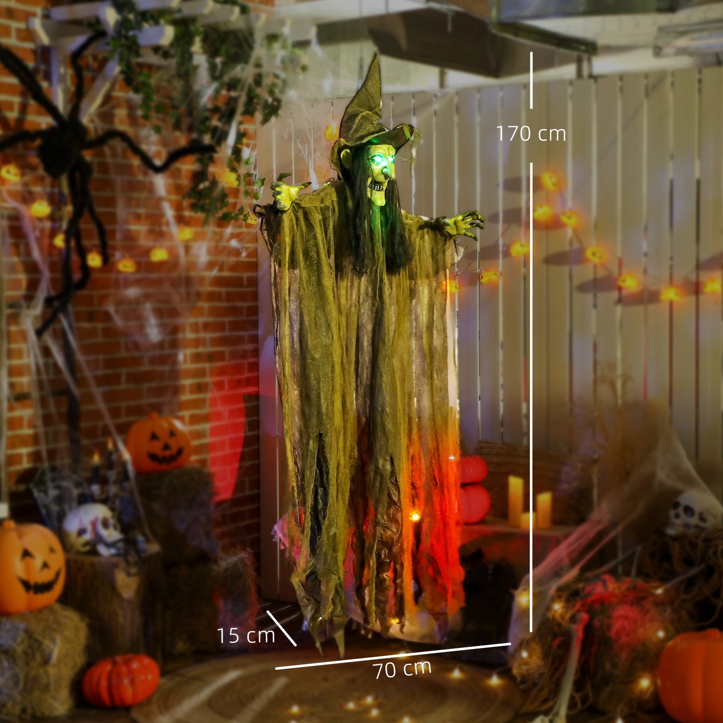 Outsunny Life Size Hanging Halloween Animated Witch with LED Eyes, Spooky Battery Operated Decorations, Indoor Props, 170 cm, Black