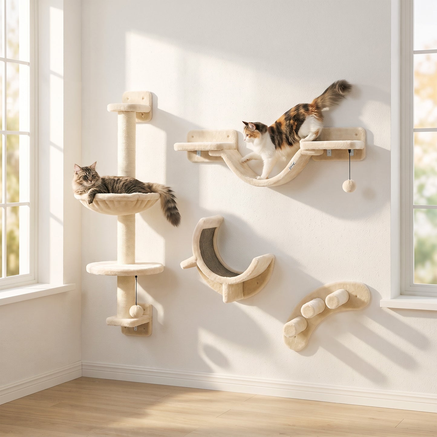 PawHut Four-Piece Cat Wall Furniture, with Hammock, Ladder, Platforms, Steps, for Indoor Use - Beige