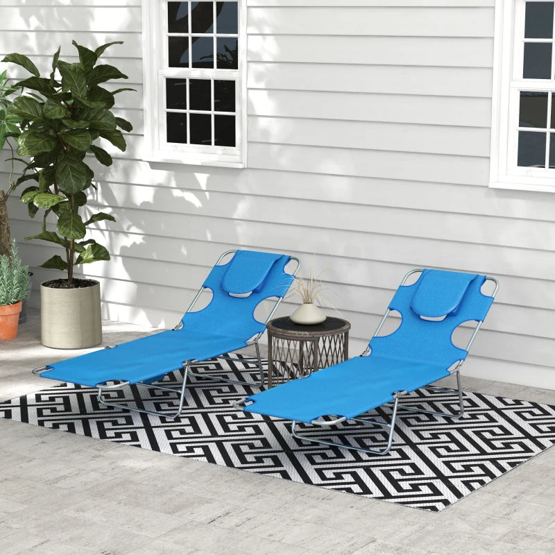 Outsunny Foldable Sun Lounger Set of 2 with Reading Hole, Portable Sun Lounger with 5 Level Adjustable Backrest, Reclining Lounge Chair with Side Pocket, Headrest Pillow, Blue