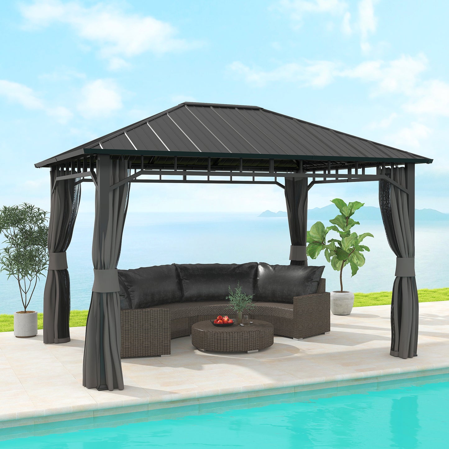 Outsunny 3 x 4m Hardtop Gazebo, Galvanised Steel Roof, Curtains, Netting, Waterproof Permanent Pavilion for Patio/Deck, with Water Gutter