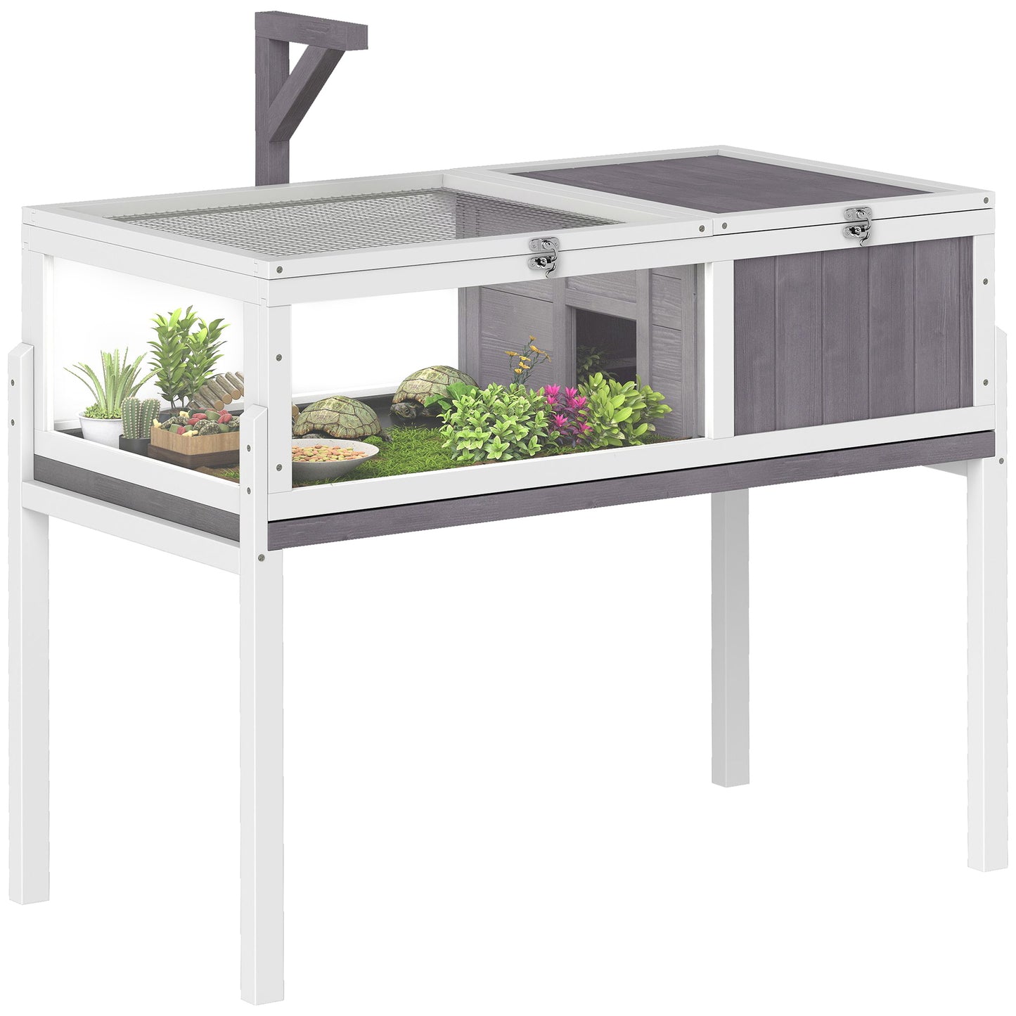 PawHut Turtle house enclosure 2 areas with lamp holder hinged roof sliding tray 104 x 53 x 82 cm gray