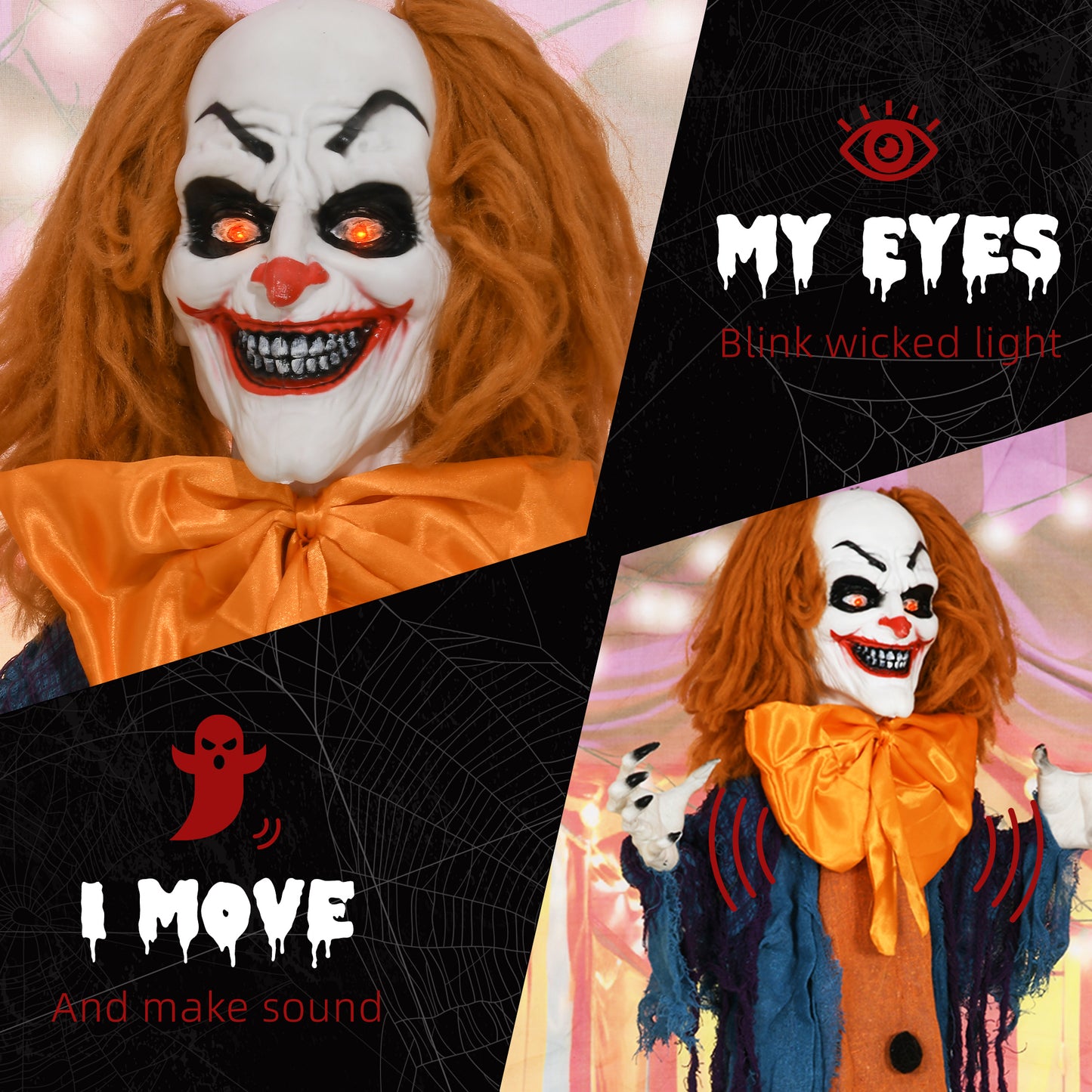HOMCOM Life Size Circus Clown Halloween Decoration, Animatronic w/ Sound Activated, Light Up Eyes, Sound Effects, Animated Prop - 168cm