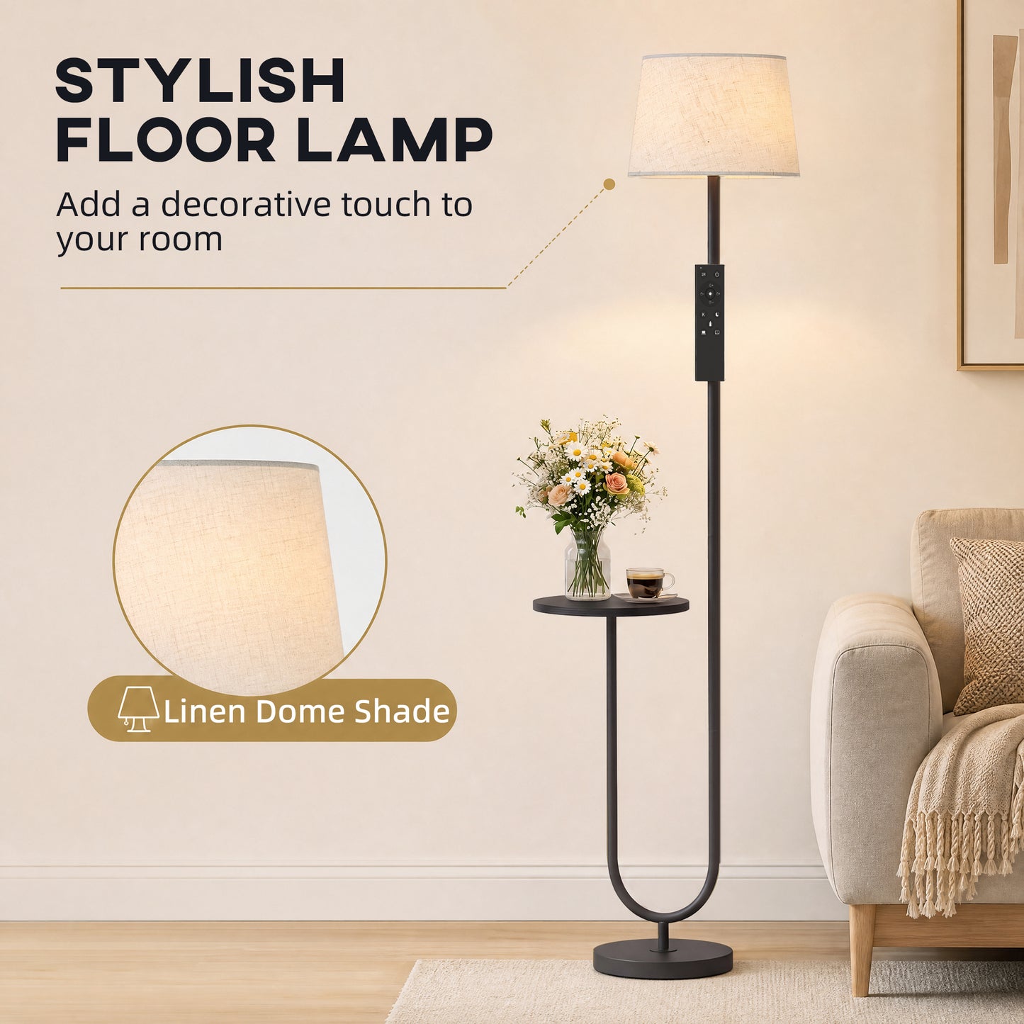 HOMCOM Modern Floor Lamp with Shelf, Dimmable Floor Lamp with Linen Shade, RF Remote and Foot Switch for Living Room, Black