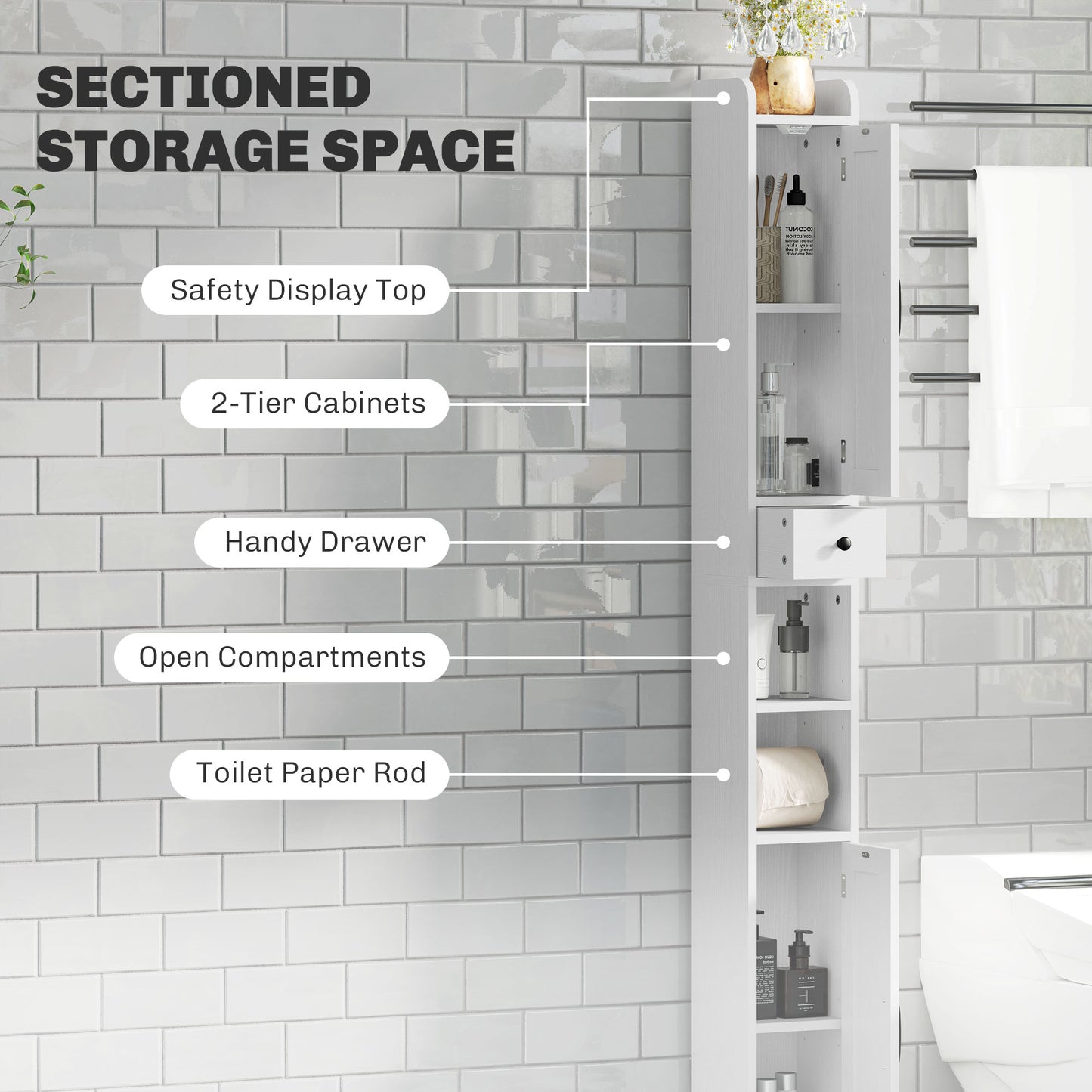 HOMCOM Tall Bathroom Cabinet, Slim Farmhouse Storage with Barn Doors, Toilet Paper Holder, Drawer & Adjustable Shelves, 185cm, White