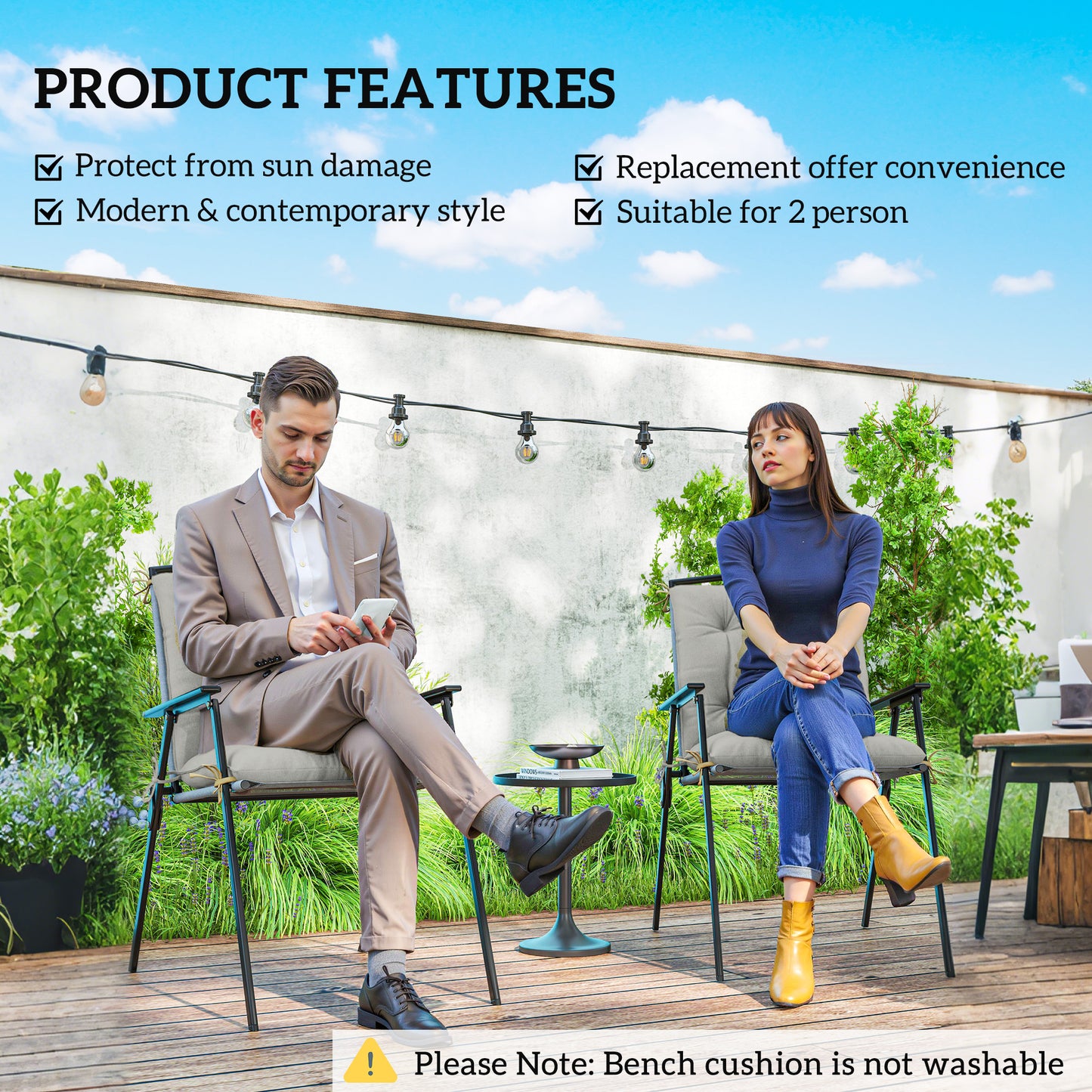 Outsunny Set of 2 Garden Chair Cushions with Backrest for Sunbeds, Rocking Chairs, Loungers, Indoor/Outdoor Use, Light Grey