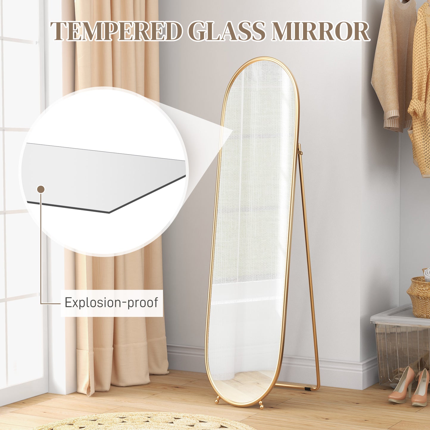 HOMCOM 40 x 160cm Full Length Mirror, Floor Standing, Wall-Mounted or Leaning Against Wall Tall Mirror with Support Frame, Oval Full Body Mirror for Bedroom, Living Room, Gold Tone