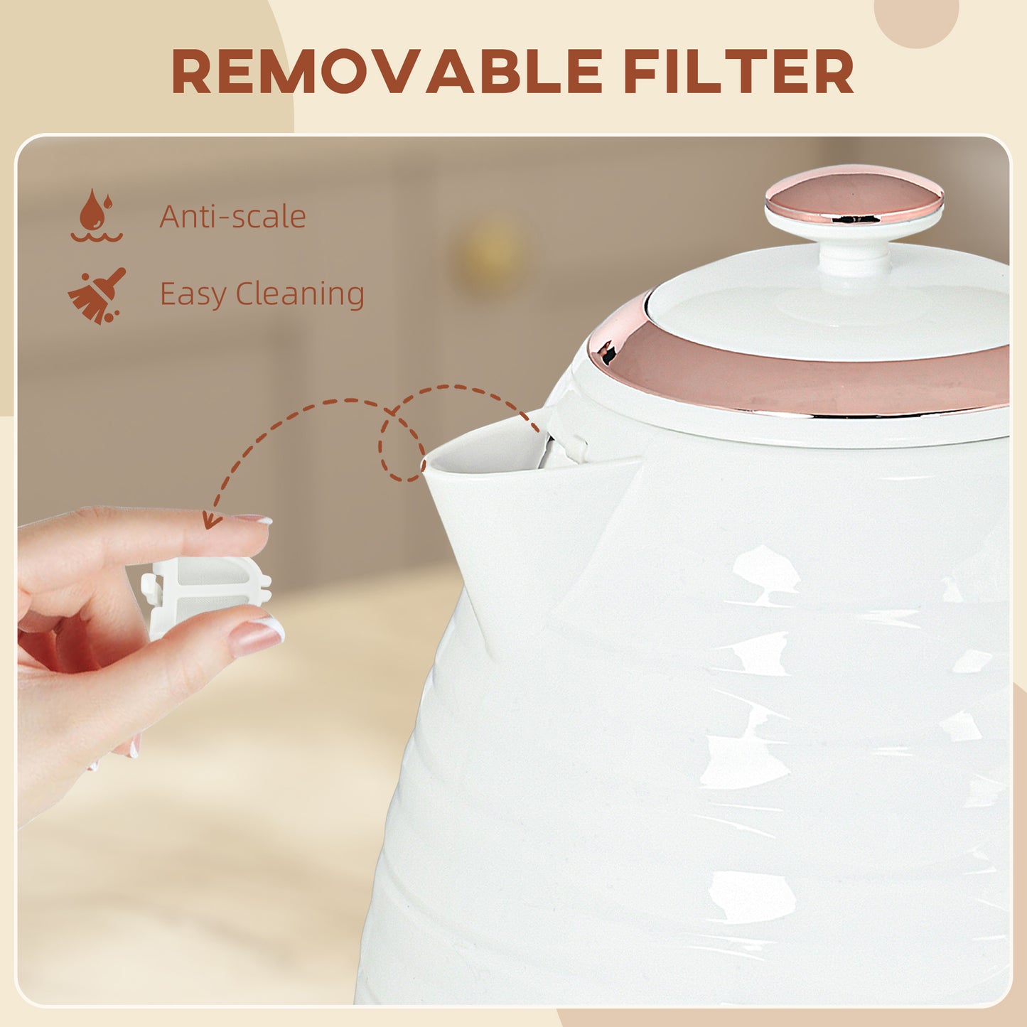 HOMCOM Electric Kettle, 1.7L, Fast Boil, 3kW Water Kettle with Removable Washable Anti-scale Filter - Cream