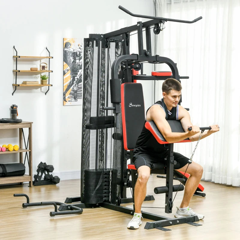 SPORTNOW Multi Gym Workout Station, Weight Machine with 65kg Weight Stack, Sit Up Bench, Push Up Stand, Dip Station