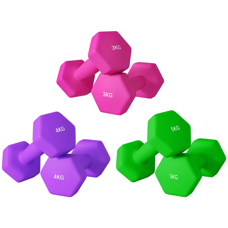 SPORTNOW Set of 6 Hex Dumbbells, Weights Pair with Non-Slip Grip, Home Gym Fitness Training Equipment, 2 x 3kg, 2 x 4kg, 2 x 5kg, Pink, Purple, Green