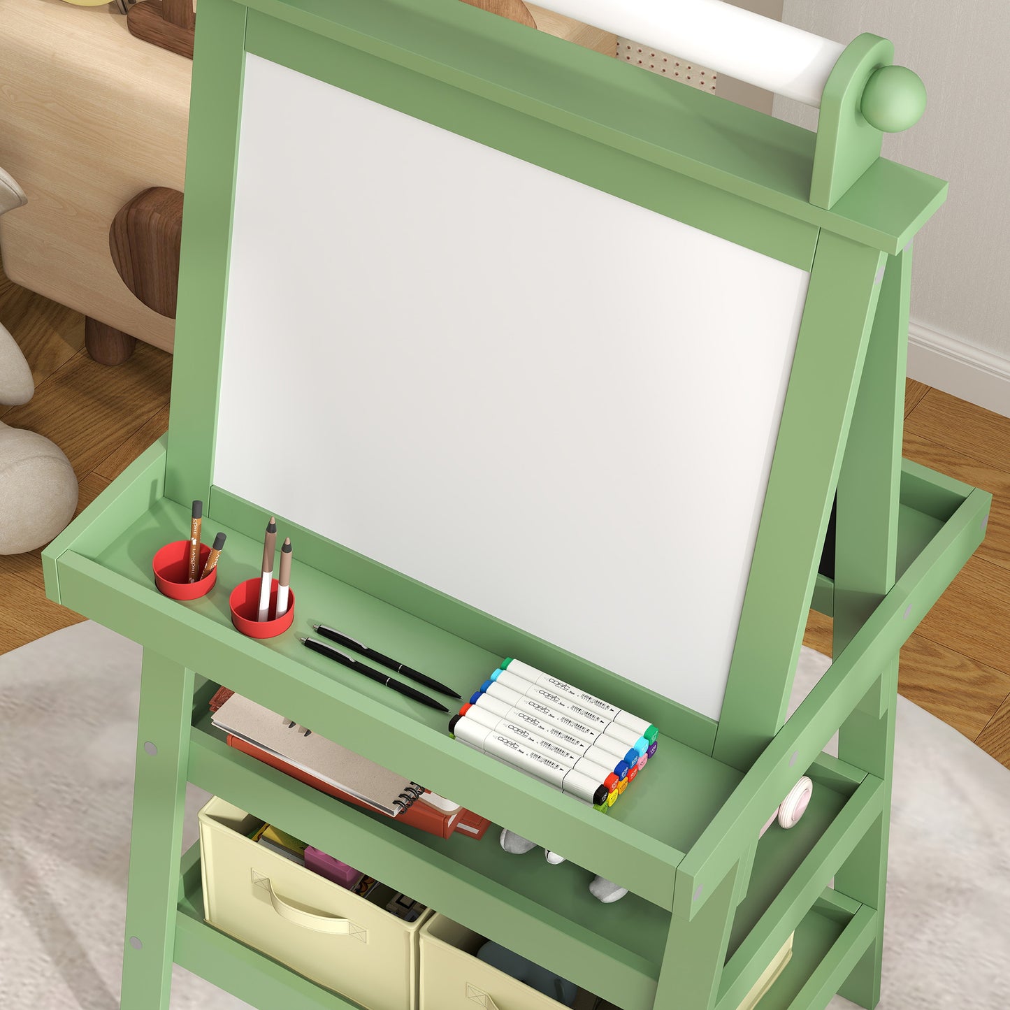 AIYAPLAY 3 in 1 Kids Easel Double-Sided Magnetic Whiteboard and Chalkboard with Paper Roll, Storage Baskets - Green